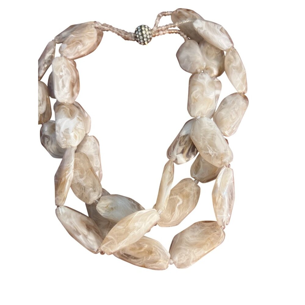 Vintage 3 Strand Chunky Acrylic Bead Necklace Marble Look Magnetic Clasp Estate